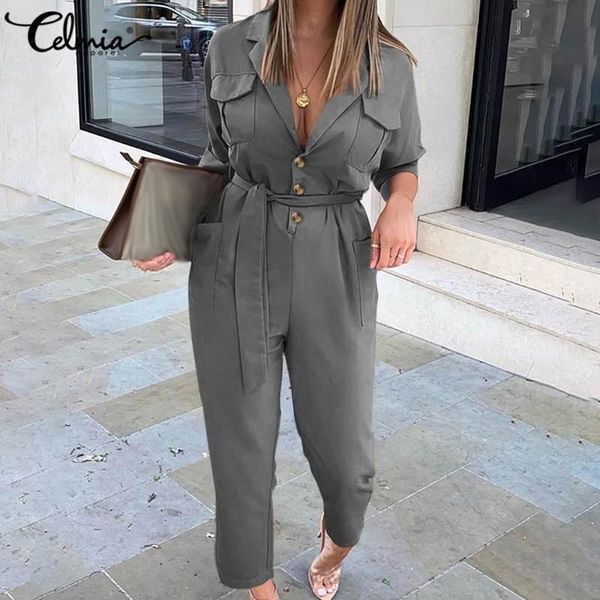 

celmia women fashion suit jumpsuit 2020 plus size solid office long sleeve romper casual pockets work overalls long jumpsuits 7, Black;white