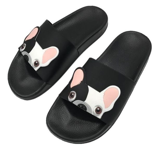 

summer women slippers cartoon bulldog sandals flat comfortable beach slides cute funny bathroom floor home house shoes y200624, Black