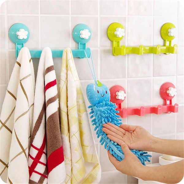 

flower power double suction cup multi-purpose 4 hook kitchen bathroom door hook home towel brush clothes hats storage organizers