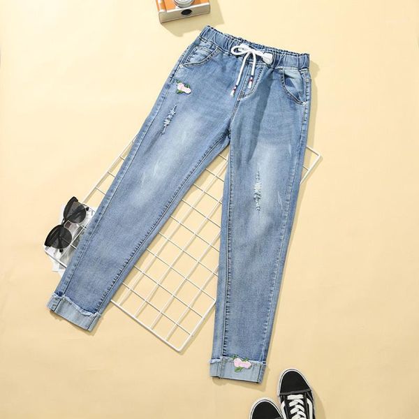 

stretchy slim fit woman jeans casual drawstring vintage denim pants ripped jeans for women ankle-length femme jean1, Blue