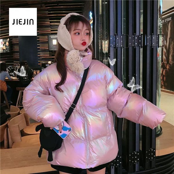 

2021 winter jacket women silver holographic glitter women's winter coat thick down jackets parka xxl standard collar short jacke1, Black