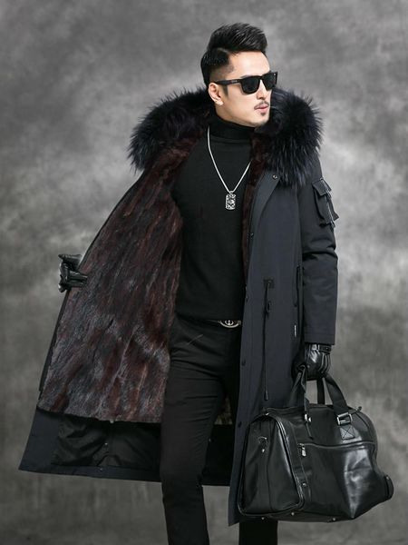 

men's leather & faux long winter parka real fur coat men warm jacket liner raccoon collar parkas hombre 2021 4528 kj3021, Black