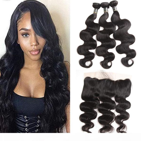 

peruvian body wave hair 3 bundles with frontal closure 13x4 ear to ear lace frontal with bundles unprocessed virgin human hair extensions, Black;brown