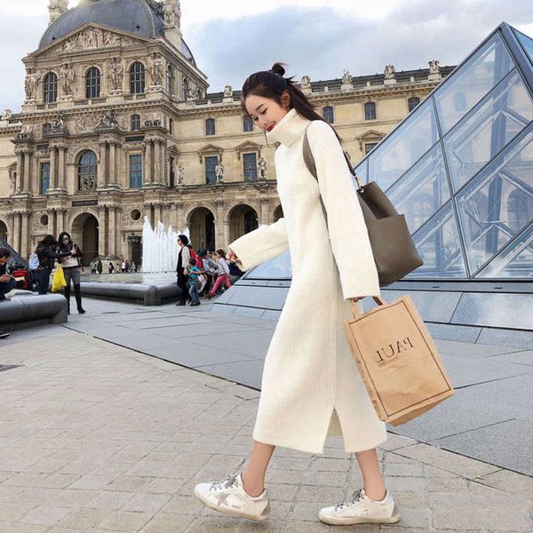 

women's sweater high pullover net neck red fall / winter 2019 new languid loose and thick medium length bottom dress, Black;gray