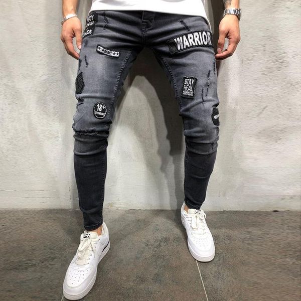 

mens stretchy ripped skinny biker jeans destroyed slim fit denim pants male elastic waist harem pants jeans11, Blue