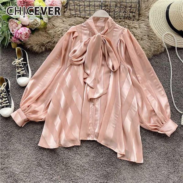 

chicever drawstring ruched women's shirt bow collar long sleeve striped ruffles summer blouse female 2020 fashion clothes new1, White