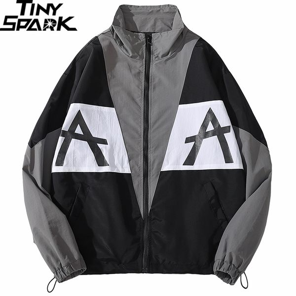 

hip hop jacket windbreaker men streetwear harajuku track japan style retro color block patchwork coat casual kg-275, Black;brown