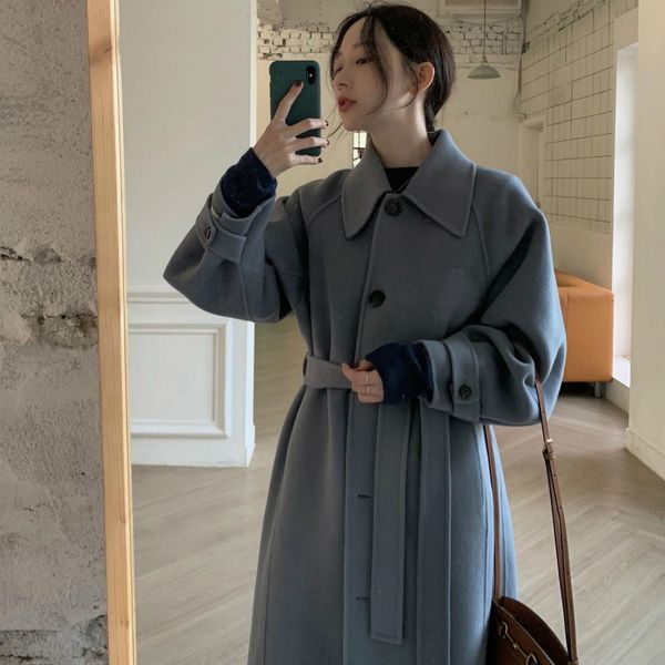 

women winter elegant super long wool coat jacket with waistbelt button up woolen overcoat turn-down collar cardigan outerwear #1176, Black
