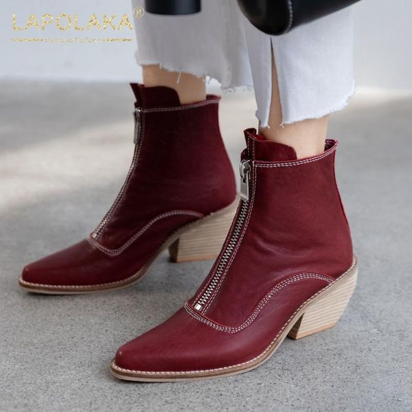 

lapolaka 2020 big size 43 zipper shoes ladies boots woman genuine leather high heels spring autumn boots female, Black