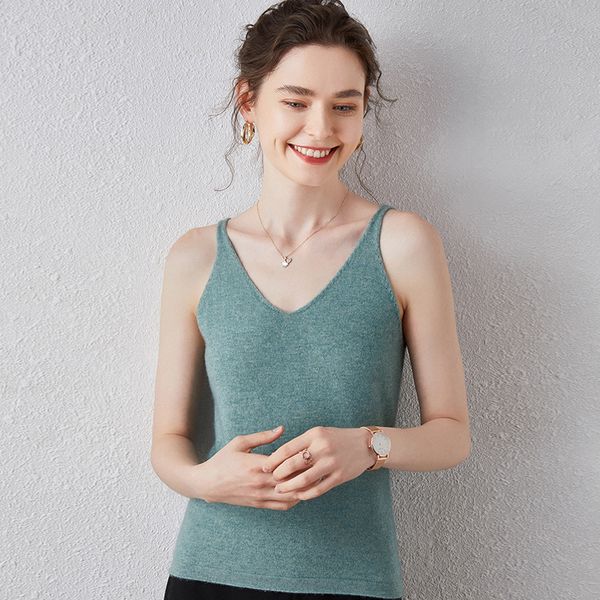 

2021 новый outono moda tanques usar puro cashmere tap top v-образным вырезом увы эспагuет feminino colete de malha mangas super acolhedor xj, White;black