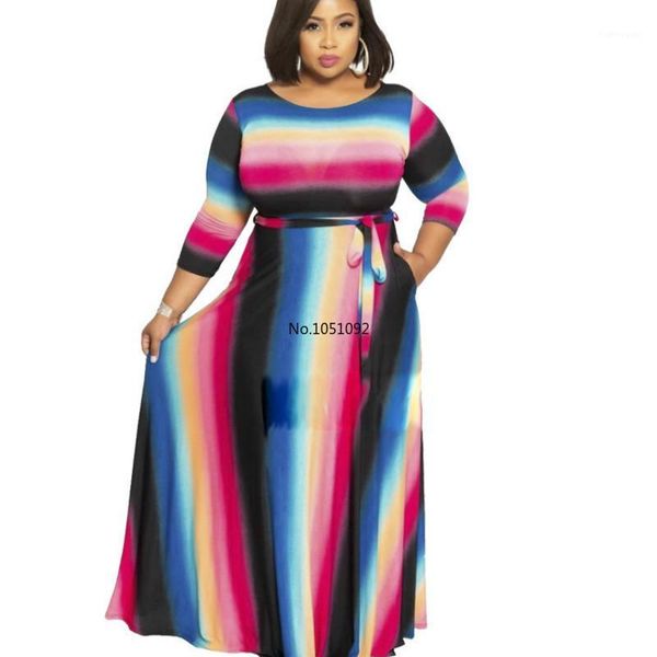 

2020 autumn winter plus size women o-neck three quarter stripe printed with belt loose big swing long dress yf10661, Black;gray