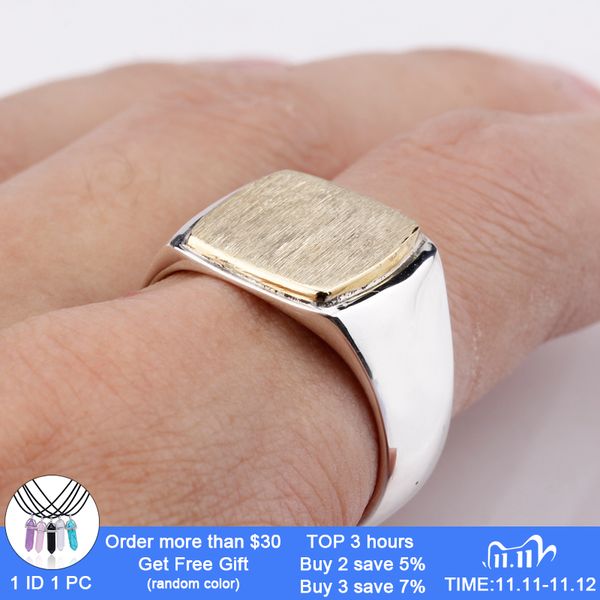 

new arrival 925 sterling silver men ring simple elegant gold color square brushed surface vintage ring for men women jewelry 201112, Slivery;golden