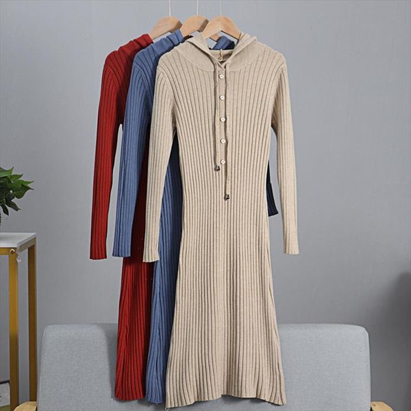 

chic long straight maxi hooded dress autumn winter thick warm women sweater dress knit midi holiday dress pull vestidos, Black;gray