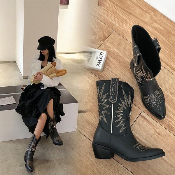 

embroider women boots med heels retro knight boots female genuine leather botas mujer western cowboy sale boots20201, Black