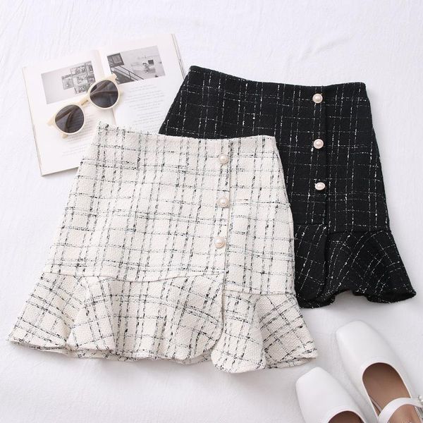 

ashgaily 2021 new tweed skirts for women high waist slimming skirts autumn spring 2020 buttons tweed wool mini skirt1, Black