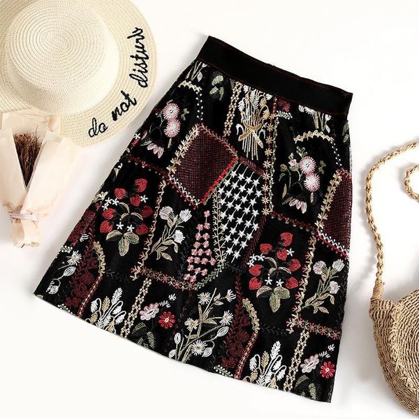 

vintage heavy embroidery black tulle skirt women spring summer a-line high waisted wrap mesh skirt jupe tulle femme