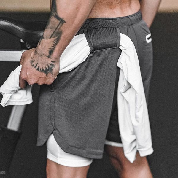 

2 in 1 running men's gym fitness training quick dry short new male outdoor sport jogging bermuda basketball shorts, White;black