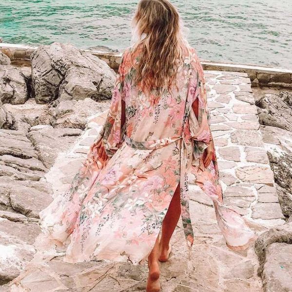 

rayon floral print boho wrapped dresses for women v-neck kimono sleeve beach summer dresses long women dresses vestido, Black;gray