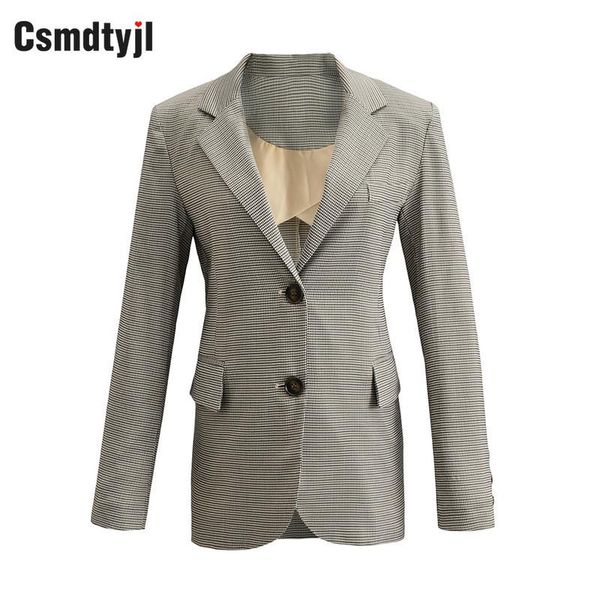 

csmdtyjl vintage houndstooth blazer women fashion single breasted office ladies jacket coat notched collar long sleeve suits, White;black