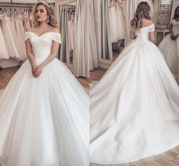 

2021 dubai arabic princess ball gown wedding dresses off the shoulder beaded corset back vestidos sweep train bridal gowns al8218, White