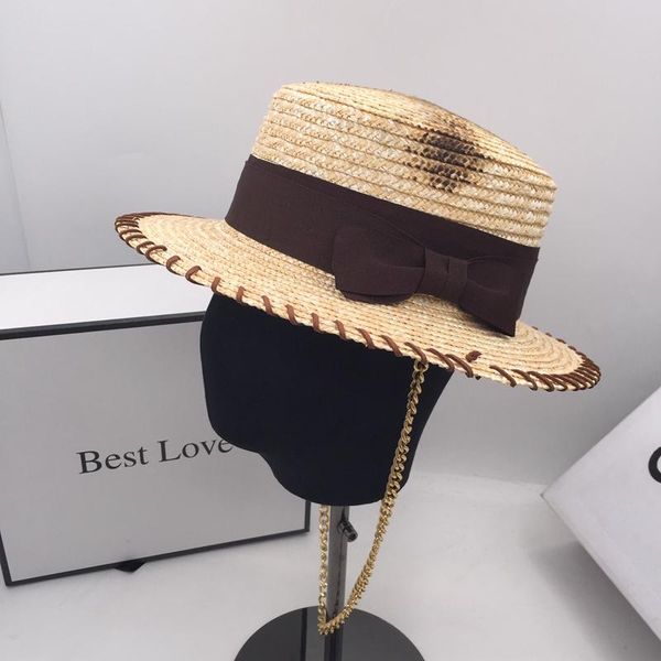 

sunhats british retro fashion edition flat-roofed straw hat be fired with chain for men and women, Blue;gray