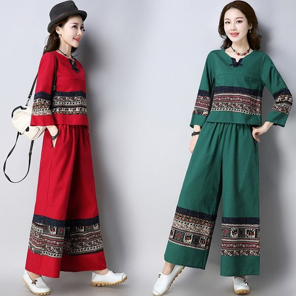 

spring new national style large size women's printed button and pants casual cotton pants wide leg pantswide leg pantshemp suit 0vdt, Gray