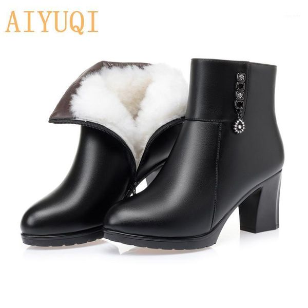 

aiyuqi women's boots winter warm natural wool fashion shoes ladies high heel side zipper female ankle boots1, Black