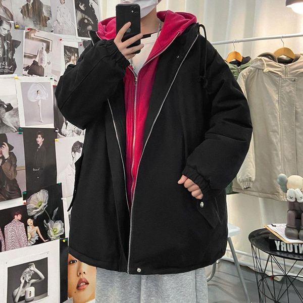 

winter cotton padded jacket men's warm fashion casual fake two-piece hooded coat men streetwear hip-hop korean short coat mens1, Black