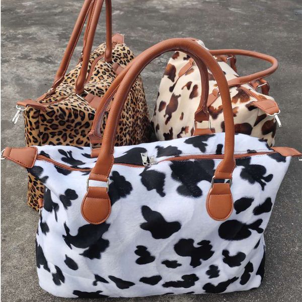 

leopard cow weekend handbag large capacity travel tote handle sports yoga totes storage maternity bag fur bags 17inch kimter-c400fz
