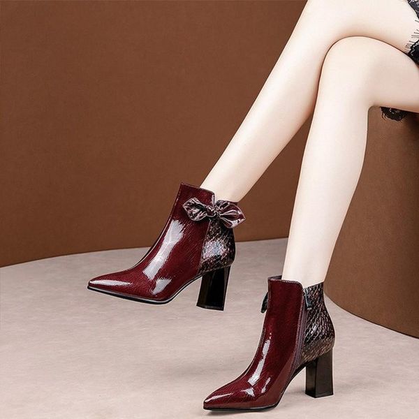 

mazefeng women autumn patent leather zip bowtie ankle boots snake skin pointed toe woman high heels female mixed color shoe, Black