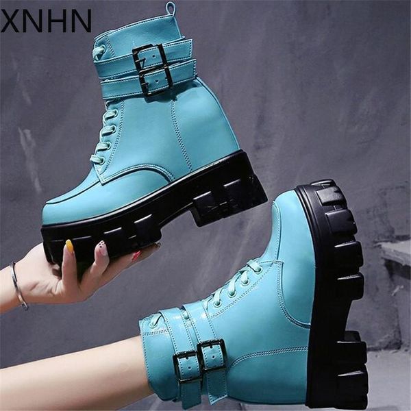 

women autumn winter plush warm snow boots metal buckle wedge platform ankle boots 10cm height increaseing booties botas mujer, Black