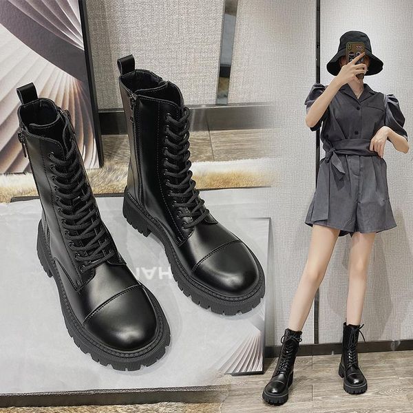 

brand women's shoes lady boots booties woman 2020 low heel boots-women round toe fashion ladies autumn mid-calf rubber, Black