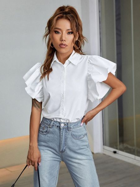 

ruffle sleeve solid blouse d3r7#, White