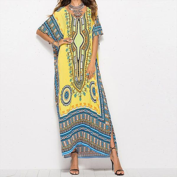 

2021 summer bohemian print dress batwing women maxi dress casual muslim kaftan dubai gown american clothing women floral dress, White