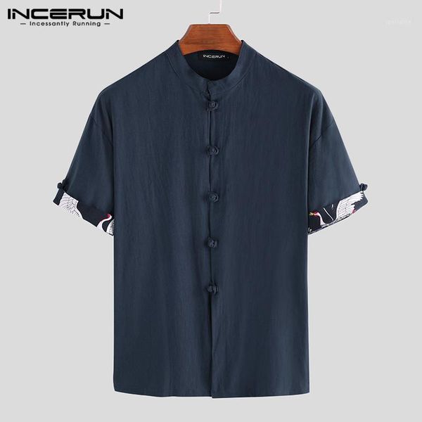 

incerun men vintage shirt cotton stand collar patchwork short sleeve casual street chinese style shirts men brand camisa s-3xl 71, White;black