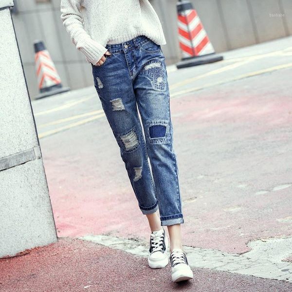 

highwaist women jeans boyfriend femme ripped straight aesthetic jeans streetwear fall 2020 trouser ankle-length pants1, Blue