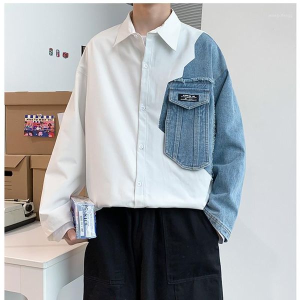 

2020 autumn men's shirts denim spliced oversize fashion shirts white blue patchwork hip hop streetwear loose jeans men1, White;black