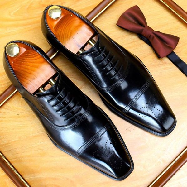 

dress shoes genuine leather men's breathable wedding oxfords square toe man formal semi brogues handmade fwl274, Black