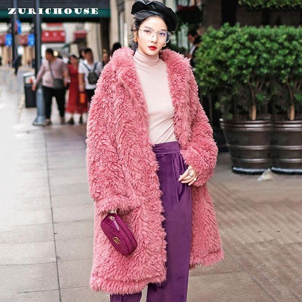 

zurichouse brand furry winter coat women long warm plush outwear 2021 street stylish pink faux fur lambswool jacket female p3567, Black