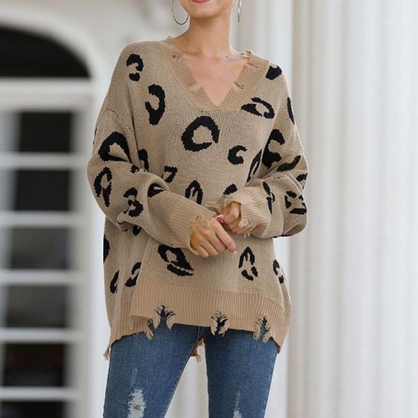 

women sweater 2019 casual autumn winter thick knitting long sleeve v-neck leopard print tree pullovers loose sweater #451, White;black