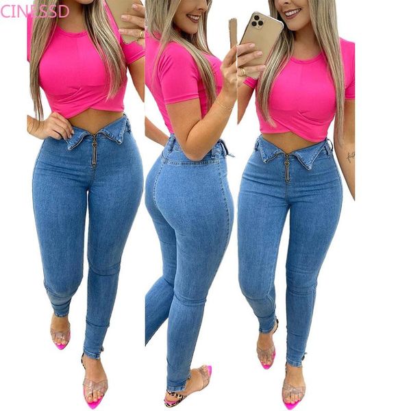 

women's jeans women 2021 summer version of the retro high-waist elastic tight-fitting pants casual slim clothing, Blue