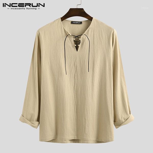 

incerun vintage men shirt solid color v neck cotton lace up blouse streetwear casual long sleeve retro camisa masculina 71, White;black