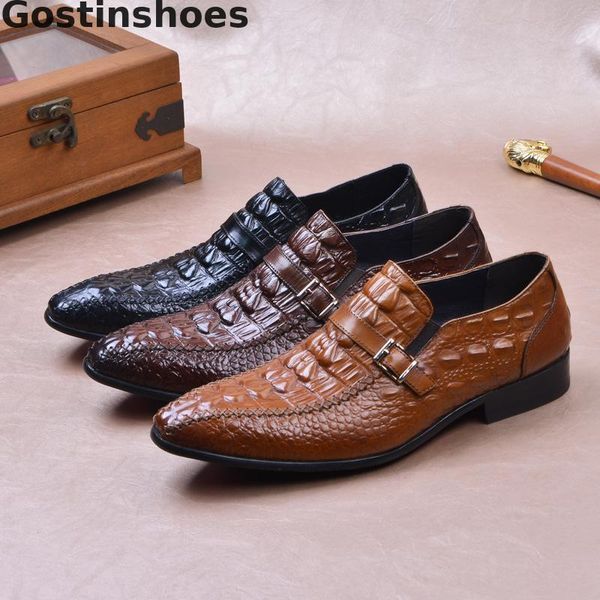 

alligator printed men leather shoes black brown cowhide men dress shoes single buckle strap monk formal business
