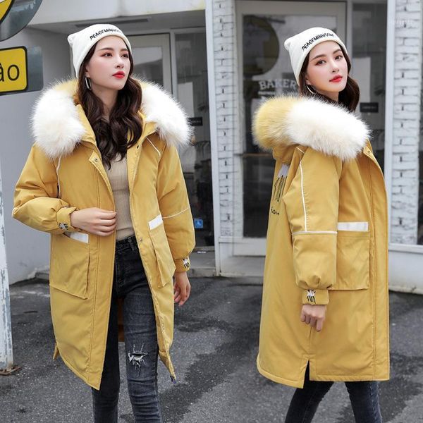 

2021 autumn winter jacket streetwear women slim long parkas women solid plus size hooded with big fur thicken female coat m5151, Black