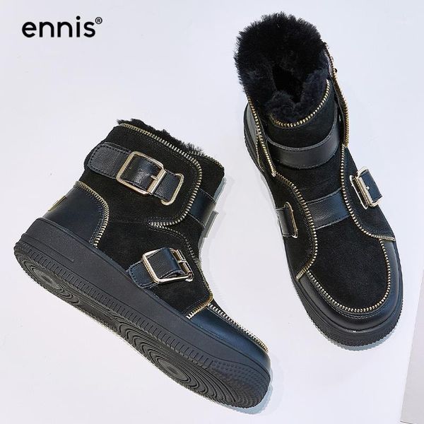 

ennis brand snow boots women waterproof winter boots platform flat ankle with buckles warm shoes black white plush a64a1