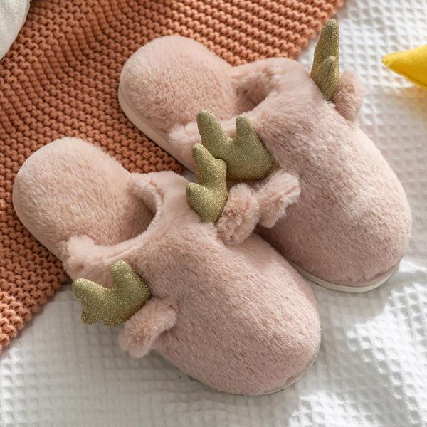 

women's slipper cute antlers winter cotton slippers home indoor couple cartoon shoes non-slip warm plush shoes for women-wt, Black
