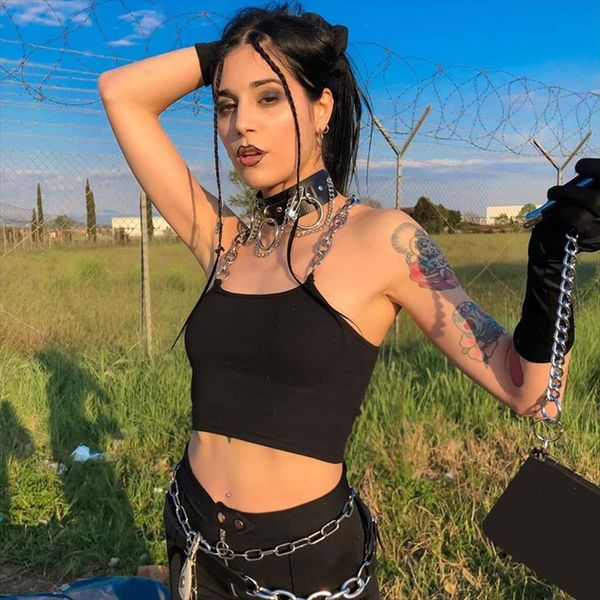 

casual cropped solid ribbed chain straped sleeveless fashion summer skinny e girl outfits tanks, White