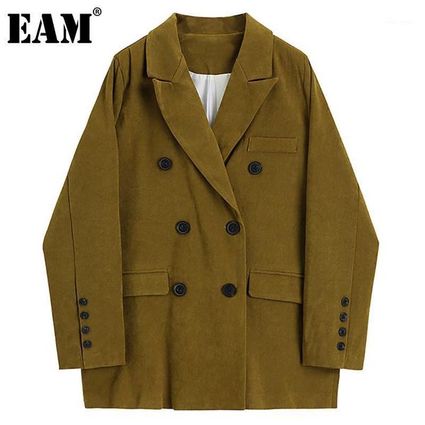 

eam] women green double breasted big size blazer new lapel long sleeve loose fit jacket fashion spring autumn 2021 1dc8731, White;black