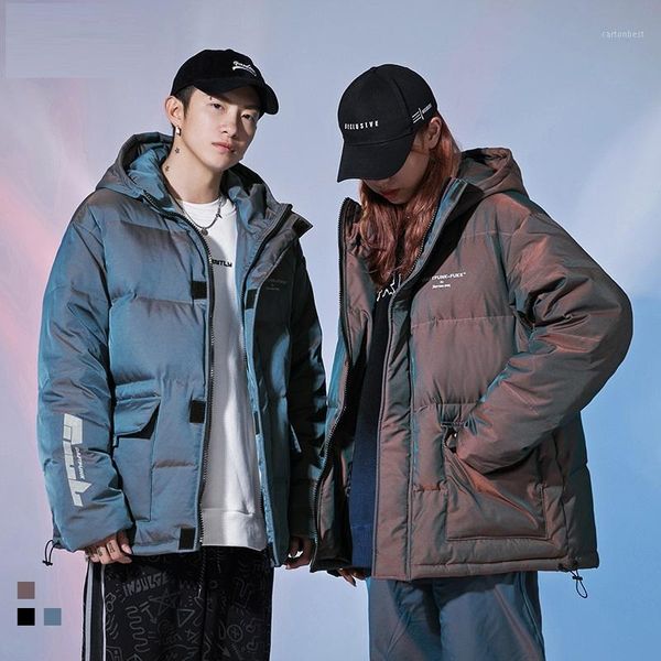 

men's down & parkas trendy winter colorful gradient reflective cotton jacket men thicken hooded coats couple clothing1, Black