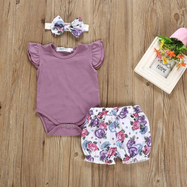 

newborn kids baby girls outfits clothes romper bodysuit+flower print shorts set, White